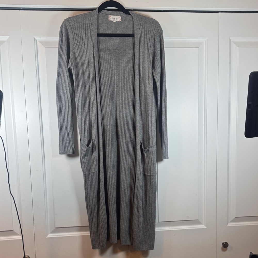 Pink Rose Gray Ribbed Long Cardigan